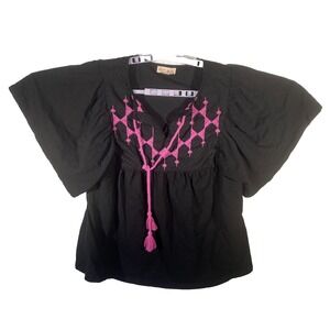 Knox Rose Womens Black Classic Flutter Sleeve Embroidered Tie Blouse Top Size M